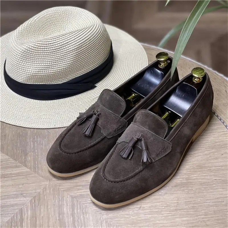 Britain Retro Men Pointed Suede Tassels Flats Genuine Leather Shoes Casual Loafers Formal Dress Footwear Sapatos Tenis Masculino