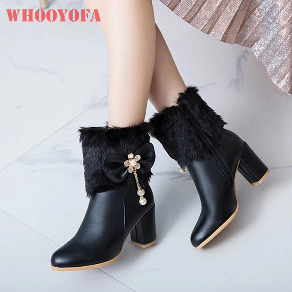 

New Winter Fashion White Black Women Ankle Booties Warm High Heels Lady Chunky Shoes Plus Small Big Size 11 33 44 48 52