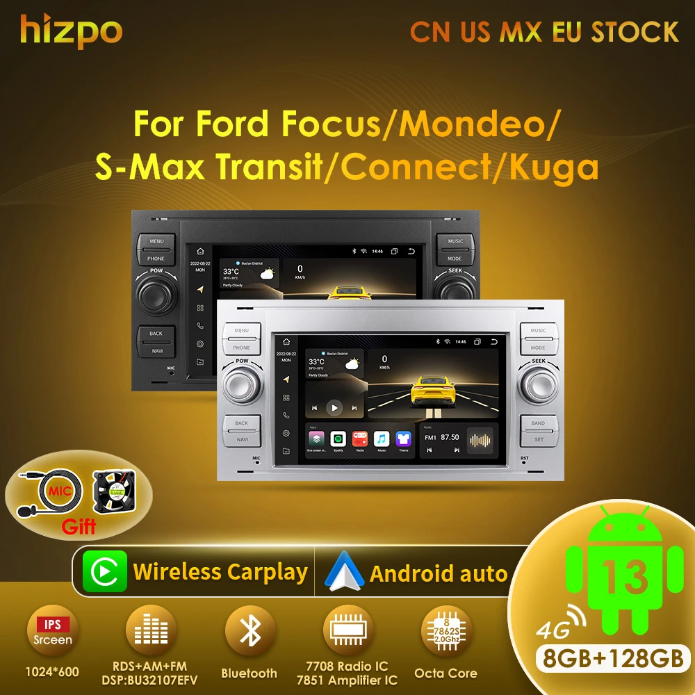 Hizpo 2 Din Android Autoradio Stereo GPS Carplay Car Radio For Ford Focus 2 Mondeo S/C-Max Kuga Fiesta Fusion Multimedia Video