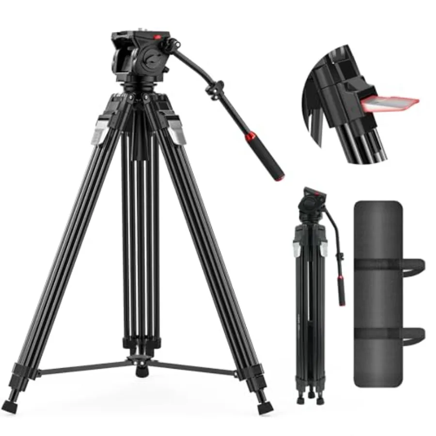

74.8in/190cm Video Tripod with Fluid Head 360 One-Step Max Height Aluminum Alloy Heavy Duty Tripod for Camera DSLR Professional