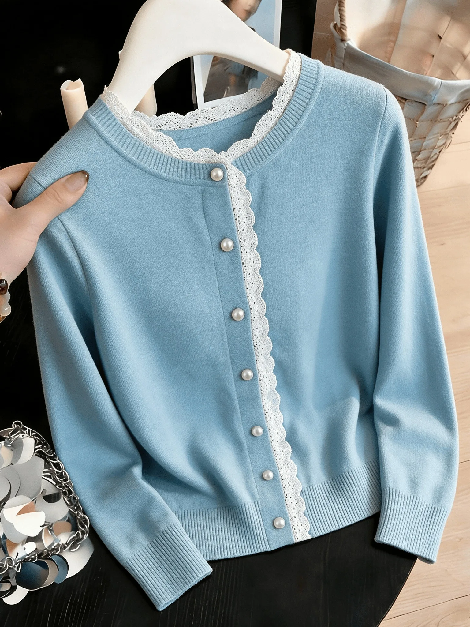 Soft Lace Trim Knitted Cardigan Women Early Autumn 2026 New Style Casual Fit Long Sleeve Button up Sweater Jacket