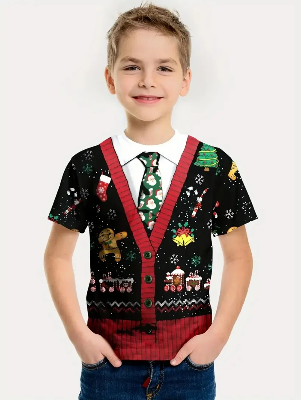 Funny Boys T-Shirt Christmas Suit Tie 3D Print Summer Short Sleeve Tees Casual Pullover Boys Clothes Holiday Children's Clothing