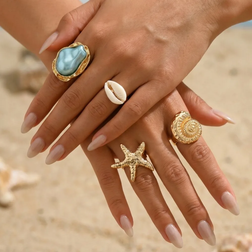 5pc/set Summer Ocean Rings for Women Starfish Scallop Conch Cowrie Shell Stackable Finger Rings Boho Beach Vacation Jewelry