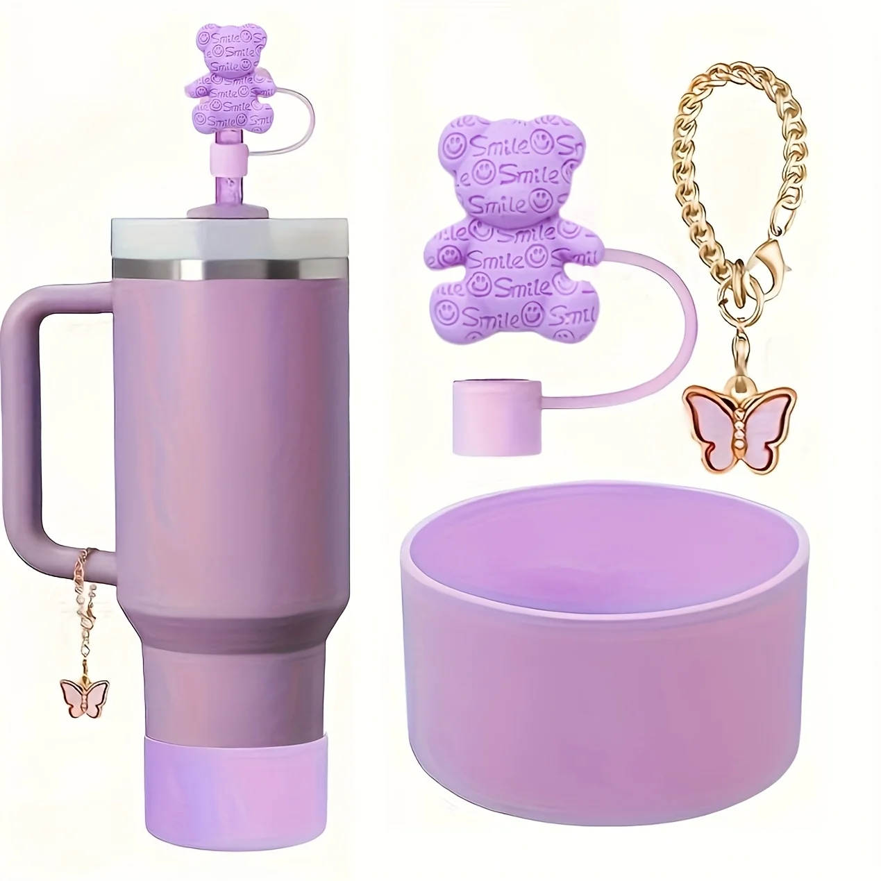 3pcs Bear Water Bottle Accessory Set with Straw Covers Water Boots And Butterfly Pendant Compatible with Standard Bottles