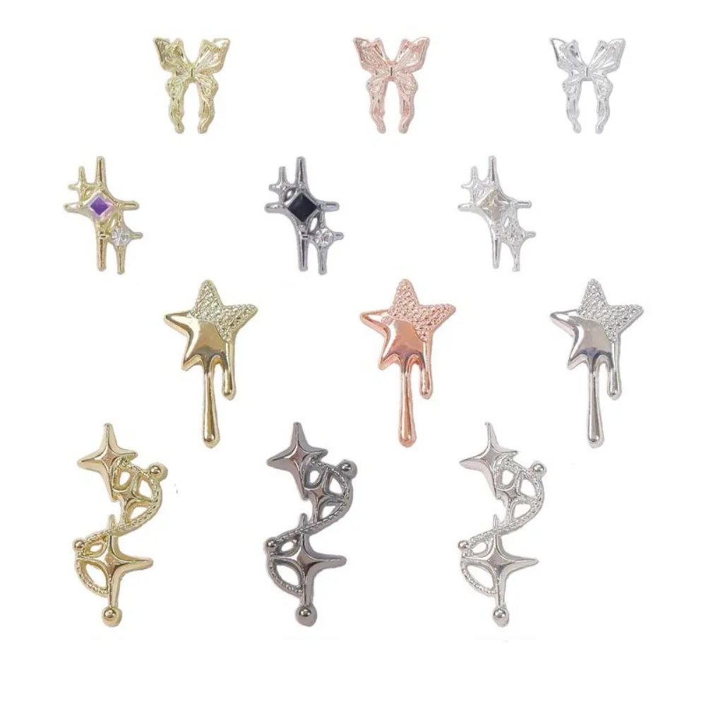 10Pcs 3D Star Alloy Rhinestone Nail Art Charms Gold/Silver Shiny Glitter Diamond Press on Nails Manicure DIY Decorations