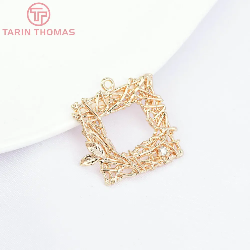 (943)6PCS 22x22MM 24K Champagne Gold Color Brass Square Leaves Branches Charms Pendants High Quality Diy Jewelry Accessories