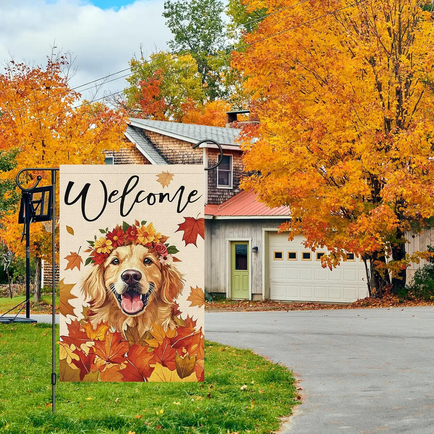Welcome Fall Garden Flag 12x18 Inch Double Sided Outside Golden Retriever Dog Autumn Maple Leaves Yard Flags for Thanksgivin SSL