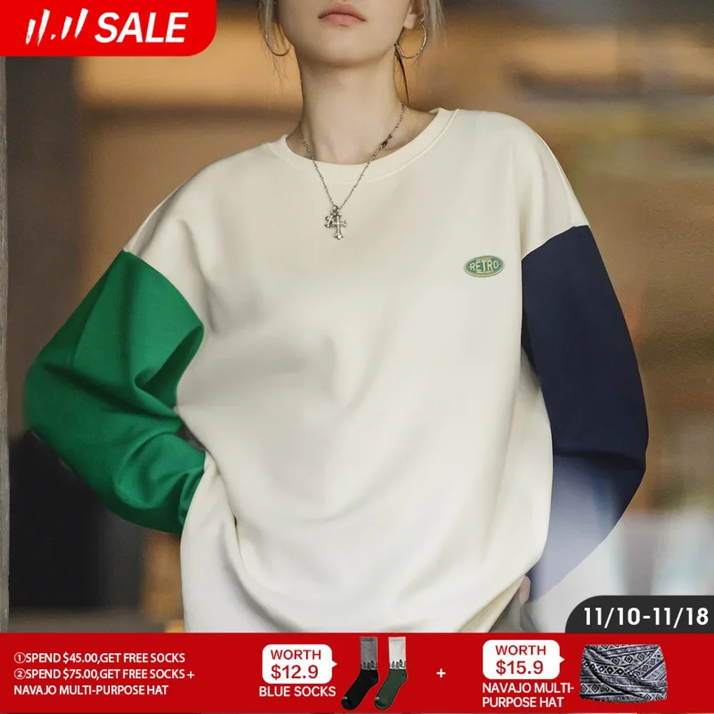 

Maden Oversize Long-sleeved Sweatshirt for Women Spring and Autumn Contrasting Color Pullover O-Neck Collegiate Style Sweatshirt