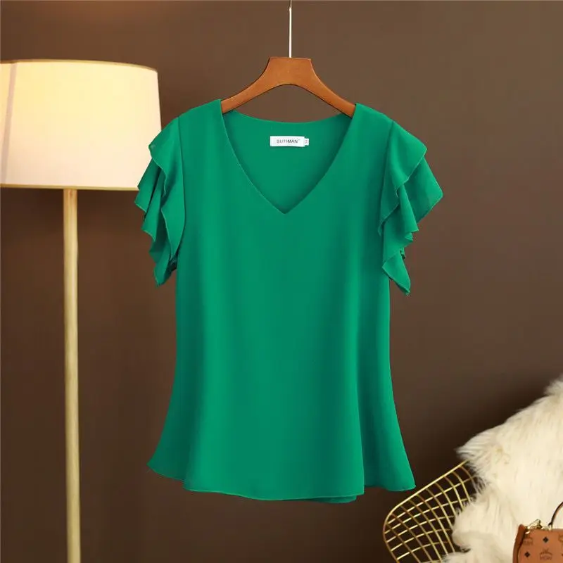 2023 New Summer Fashion Trend Casual Loose and Simple V-neck Panel Ruffle Sleeve Solid Color Versatile Oversized Women's Shirt