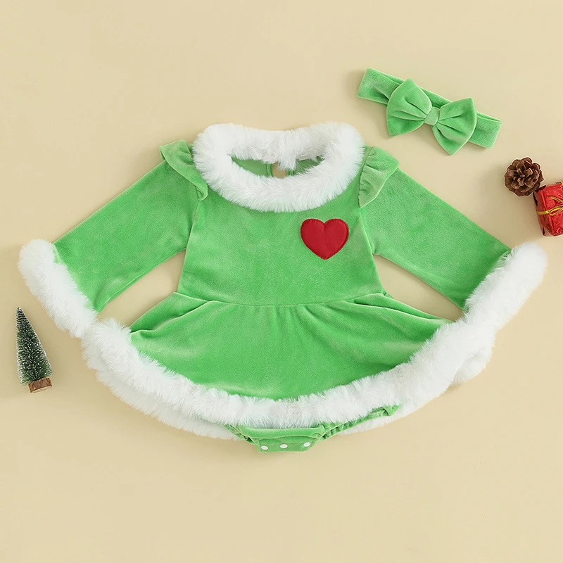 Infant Baby Girls Christmas Romper Dress Green Monster Long Sleeve Patchwork Jumpsuit + Bow Headband