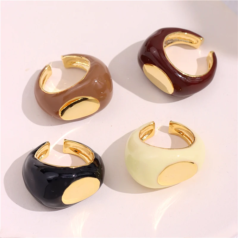 Enamel Copper Gold Silver Color Oval Geometry Dripping Oil Open Ring Vintage for Trendy Women Girls Party Jewelry HUANZHI New