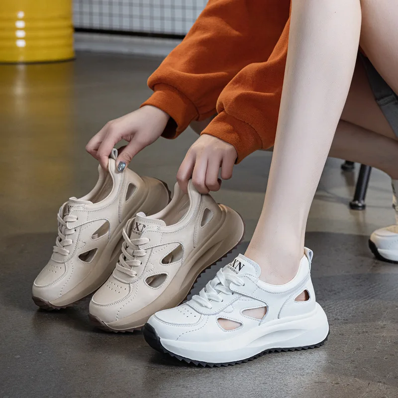 

2025 Summer First Layer Cowhide New Hollow Sandals Women's Retro Casual Shoes Color Matching Platform Sneakers