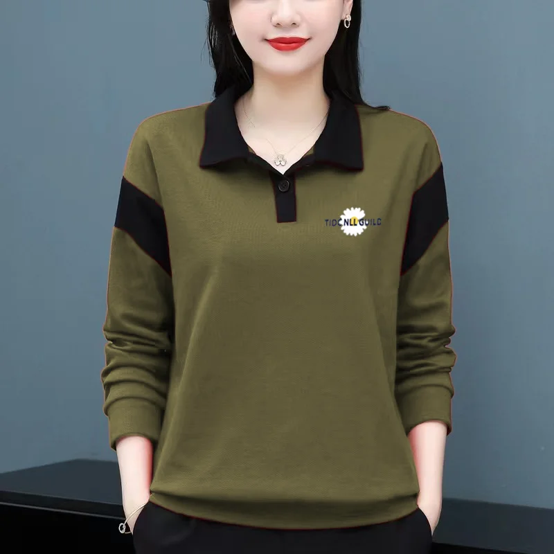 Cotton Plus Size Long Sleeved Shirt Women's Fashionable and Stylish Chubby Sister Slimming Belly Covering Patchwork Base Shirt