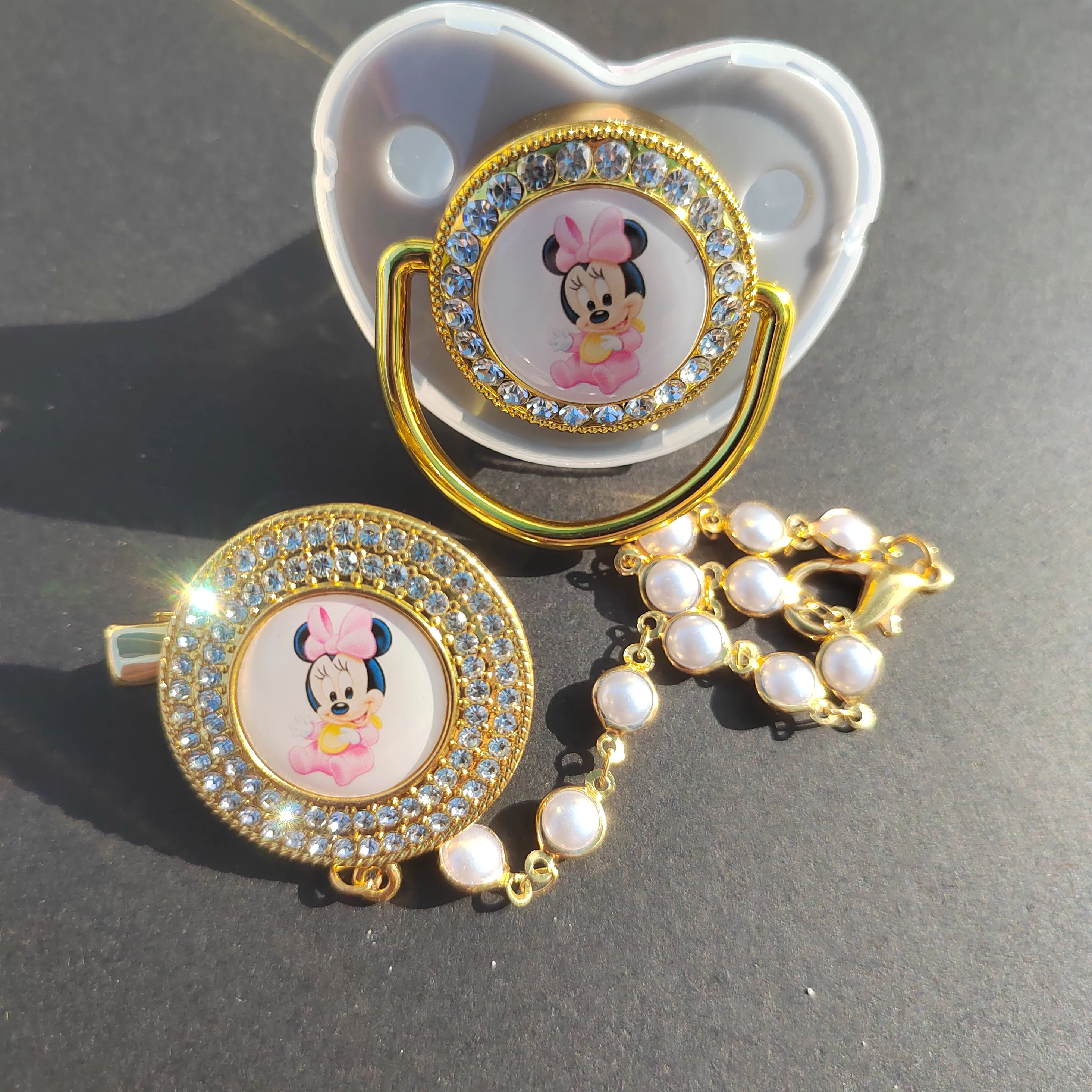 [Wysokiej jakości] Disney Mini obraz smoczek dla niemowląt z łańcuszkiem noworodek BPA silikonowy smoczek błyszczący Rhinestone Baby teether