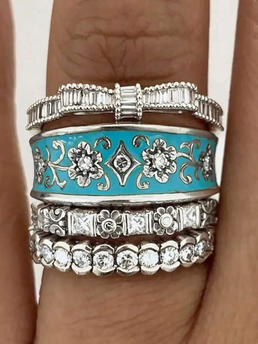 

4pcs Cubic Zirconia Stackable Rings Set For Women Party Wedding Jewelry