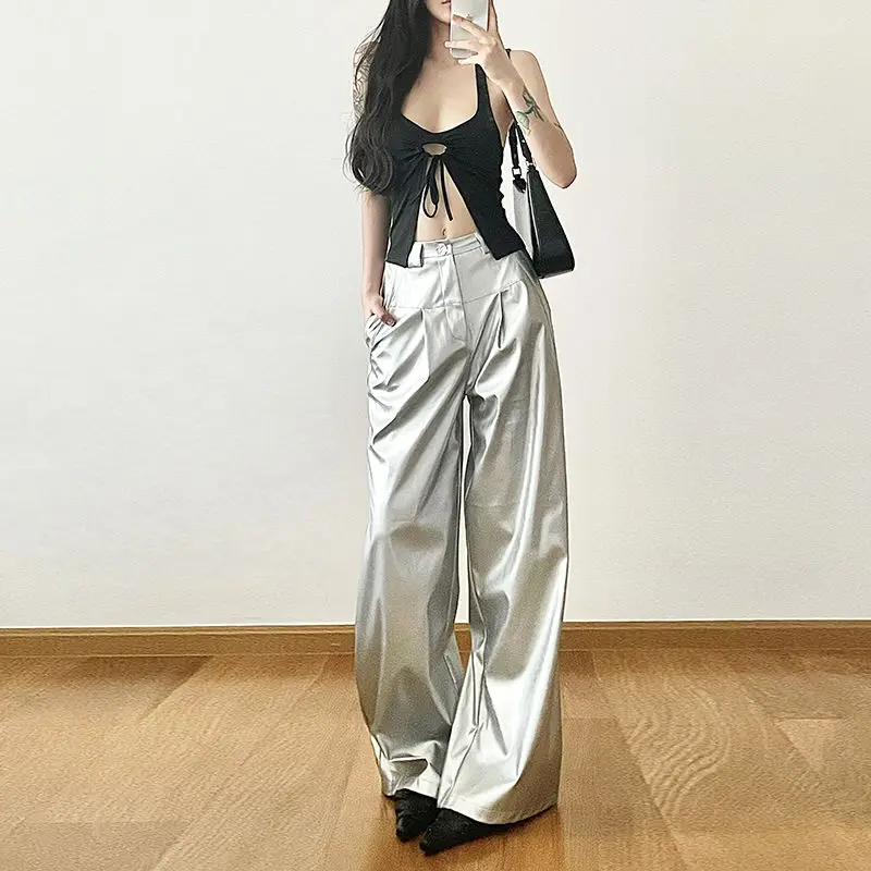 Streetwear Cool Silver High Waist Pants for Women Fashion Casual Loose Wide Leg Floor Dragging Pant Y2k Hip Hop Leather Trousers