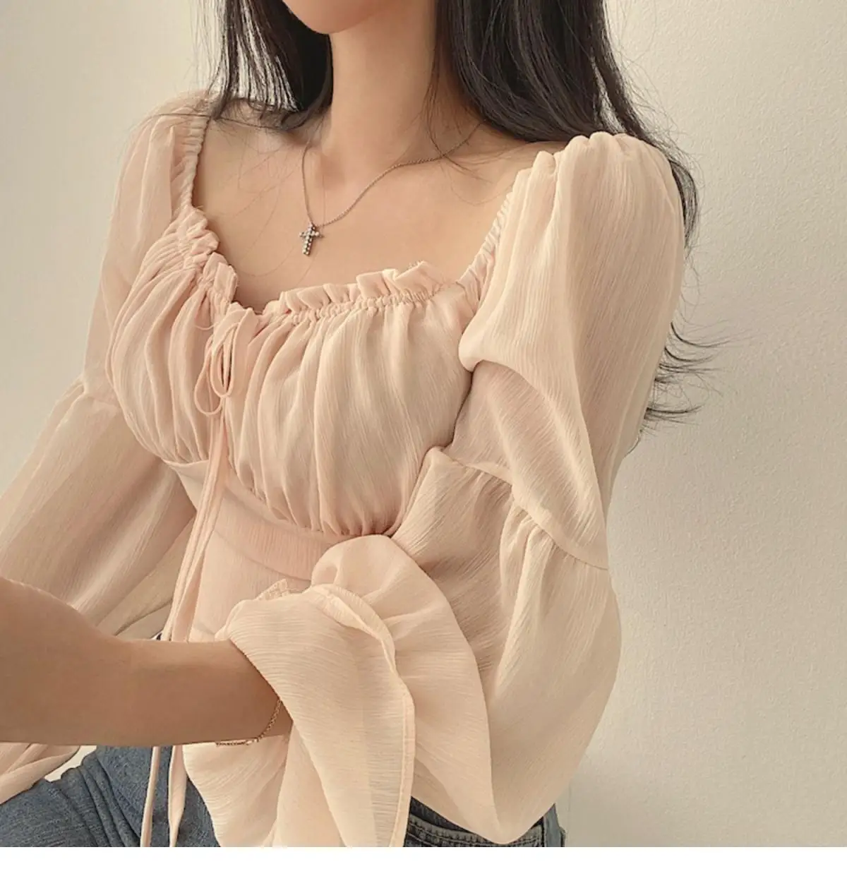 Pure Wind Snow Spinning Long Sleeve One Shoulder Tie Rope Sexy French Gentle Wind Short Shirt Women\'s Top Autumn New Collection