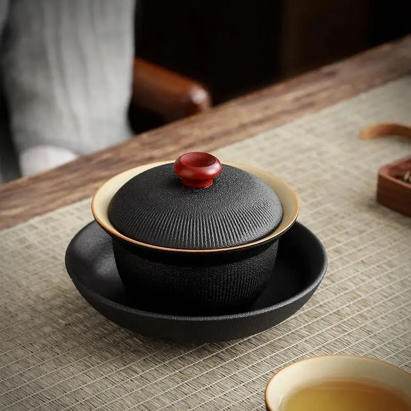 Gaiwan en Céramique Rustique Grande Tasse à Thé 3 Couleurs au Choix Bol de Cérémonie Rétro Kung Fu Ustensile de Thé Domestique