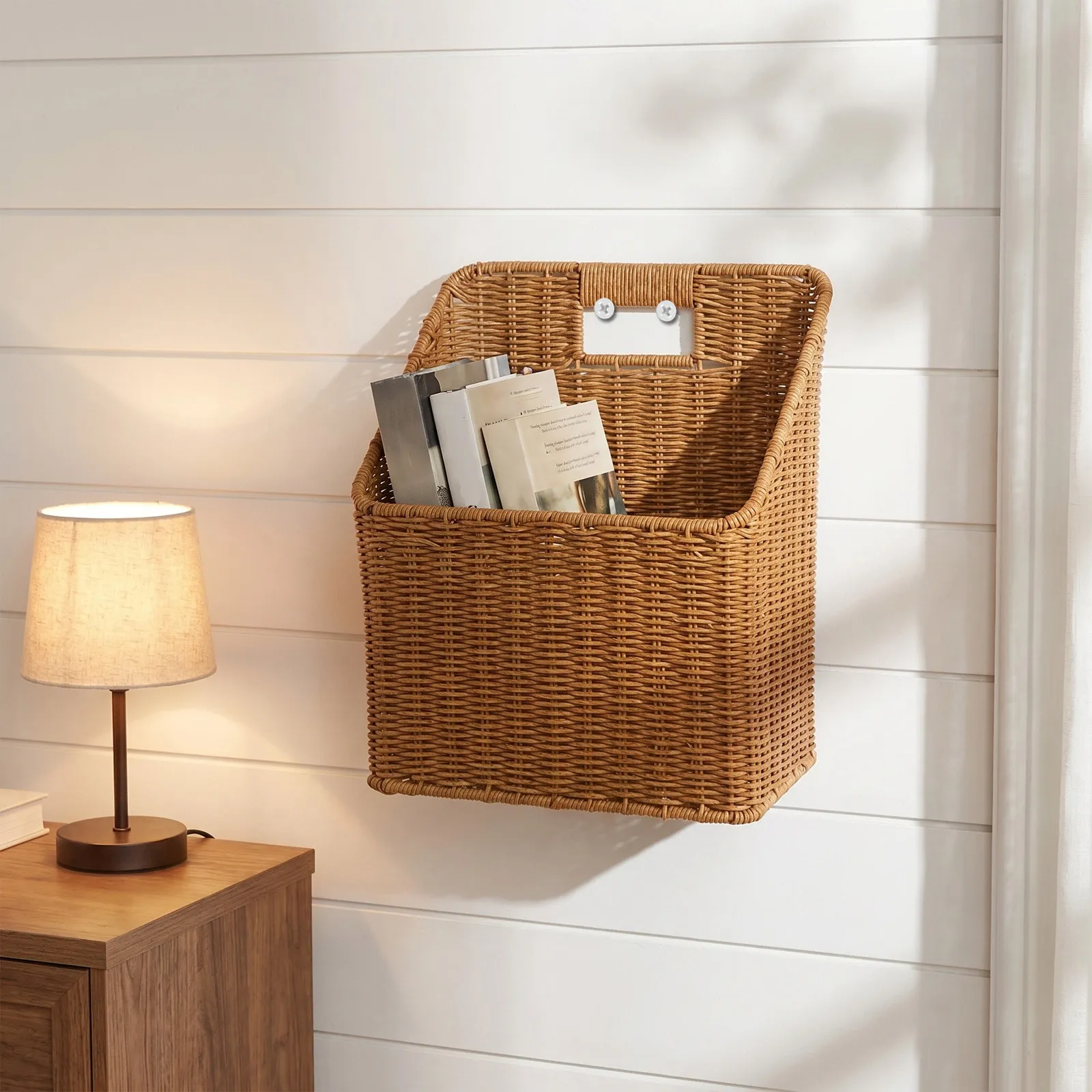 Synthetic Imitation Rattan Woven Wall Basket Hanging Wicker Magazine Holder Bathroom Storage Organizer Rack Wall Basket view 2