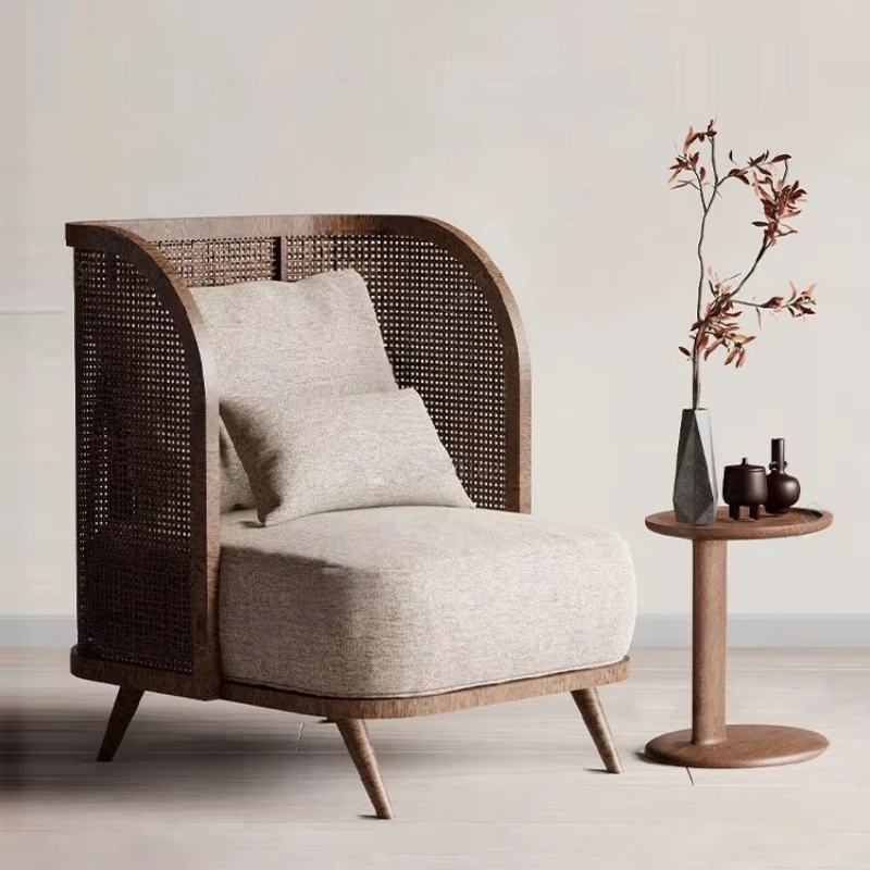 Retro design solid wood rattan sofa living room home furniture single design senior homestay hotel loft lounge chair seat