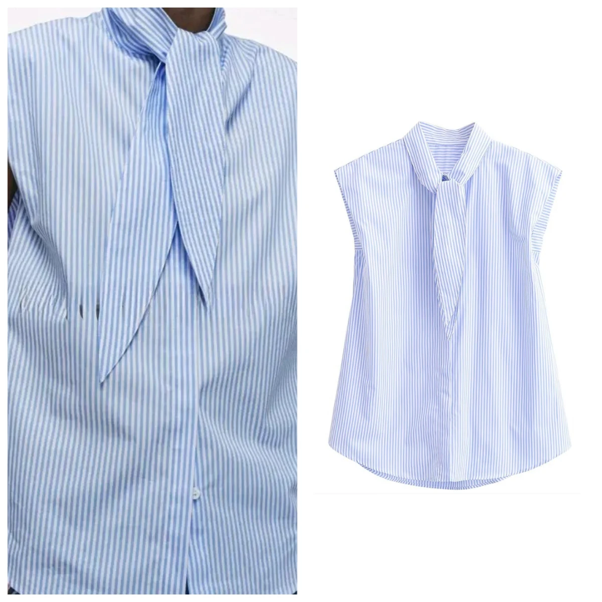Spring Summer Striped Knot Decorated Shirt Women's Casual Bow Tie Sleeveless Loose Fit Summer Daily Office Tops Commute Style