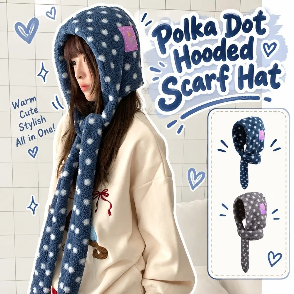 Integrated Design Hooded Scarf Hat Thermal Fabric Soft Fluffy Polka Dot Beanie Pull On Loose Fit Fleece Hooded Scarf