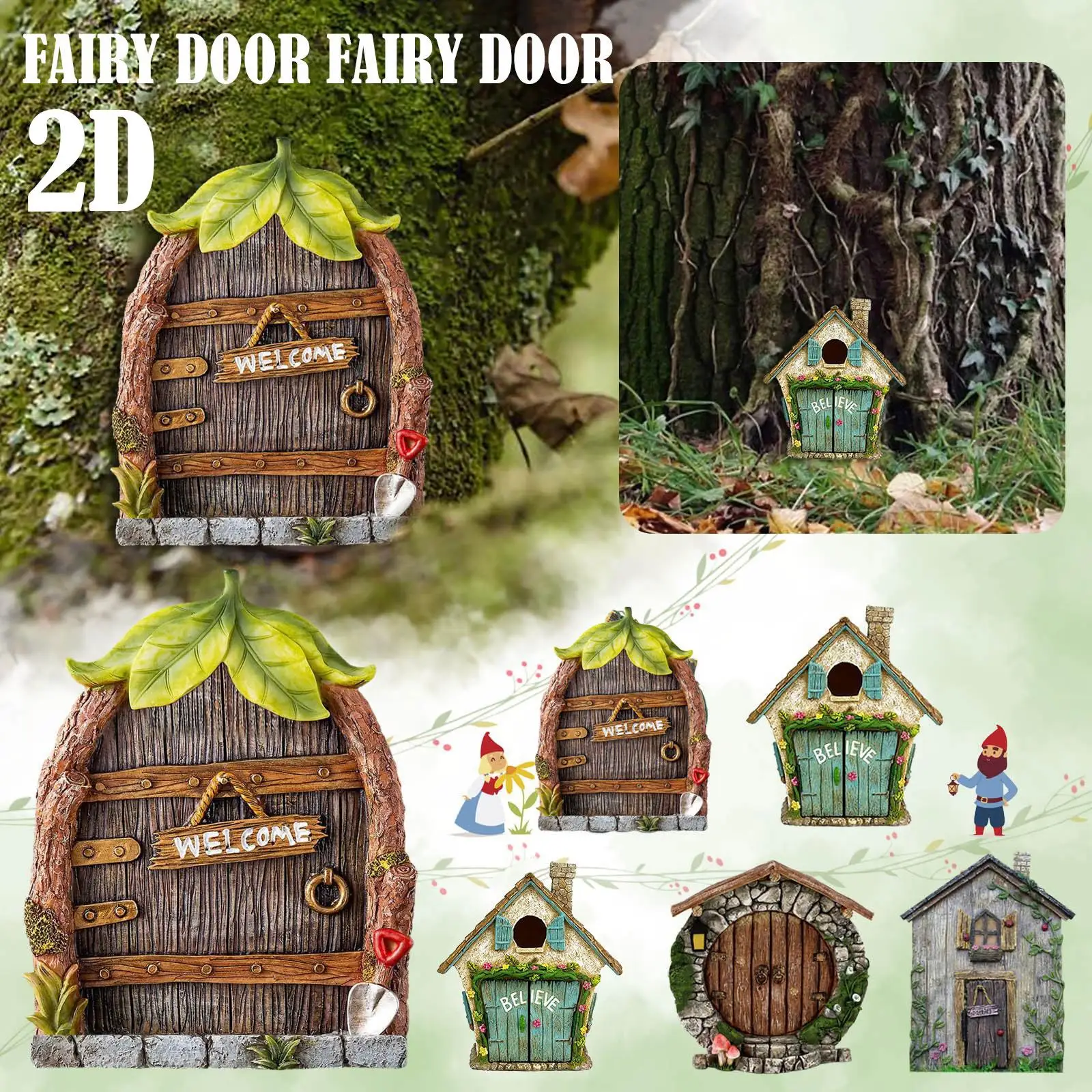 2d Miniature Fairy Gnome Door Figurines Fairy Tale Courtyard Decoration Wooden Ornaments Tree Wooden Decoration Gate Garden D2m3