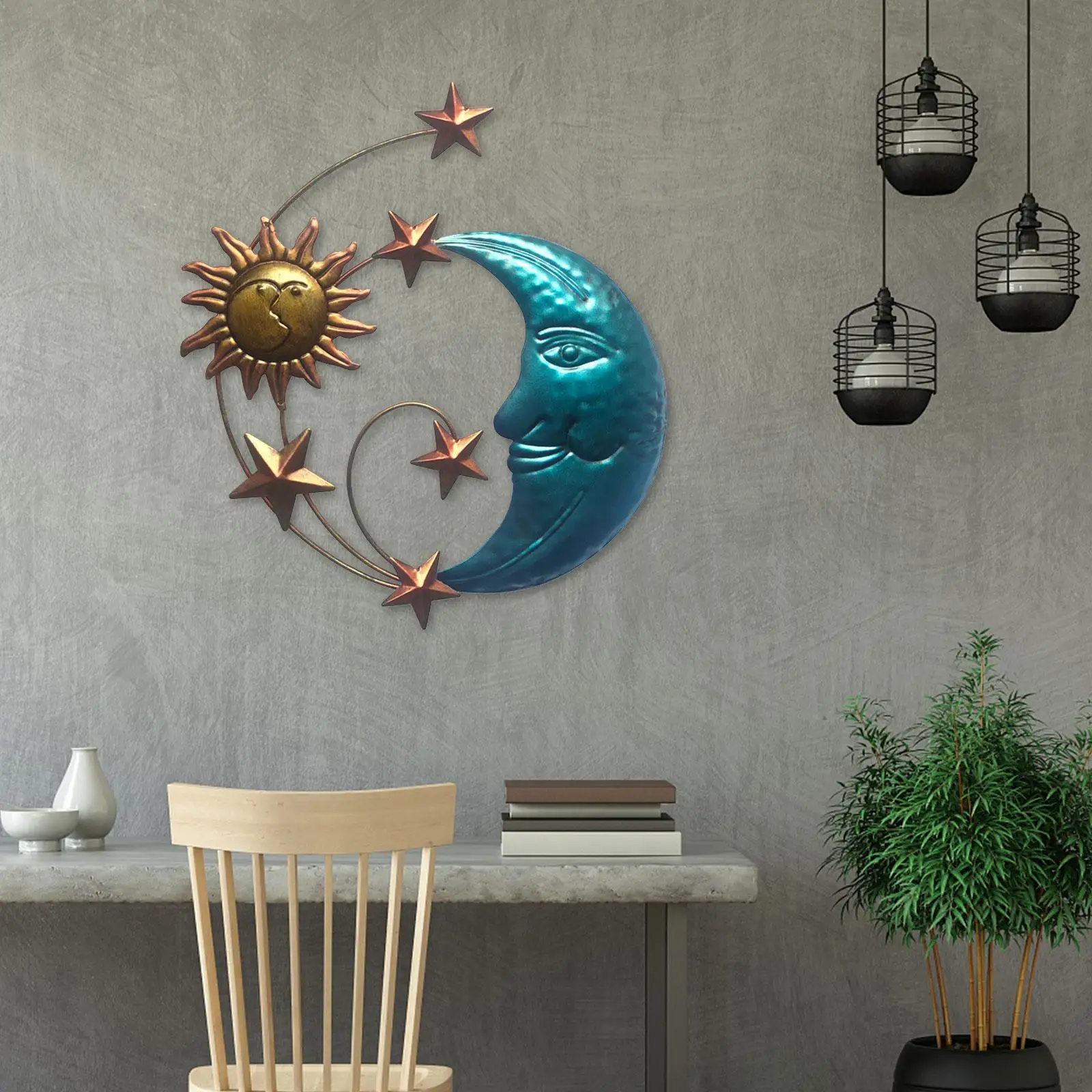 

Sun Moon Star Face Wall Hanging Sculpture Moon Star Ornament Home Decor Indoor Outdoor Wall Decor for Garden Porch Fence Balcony
