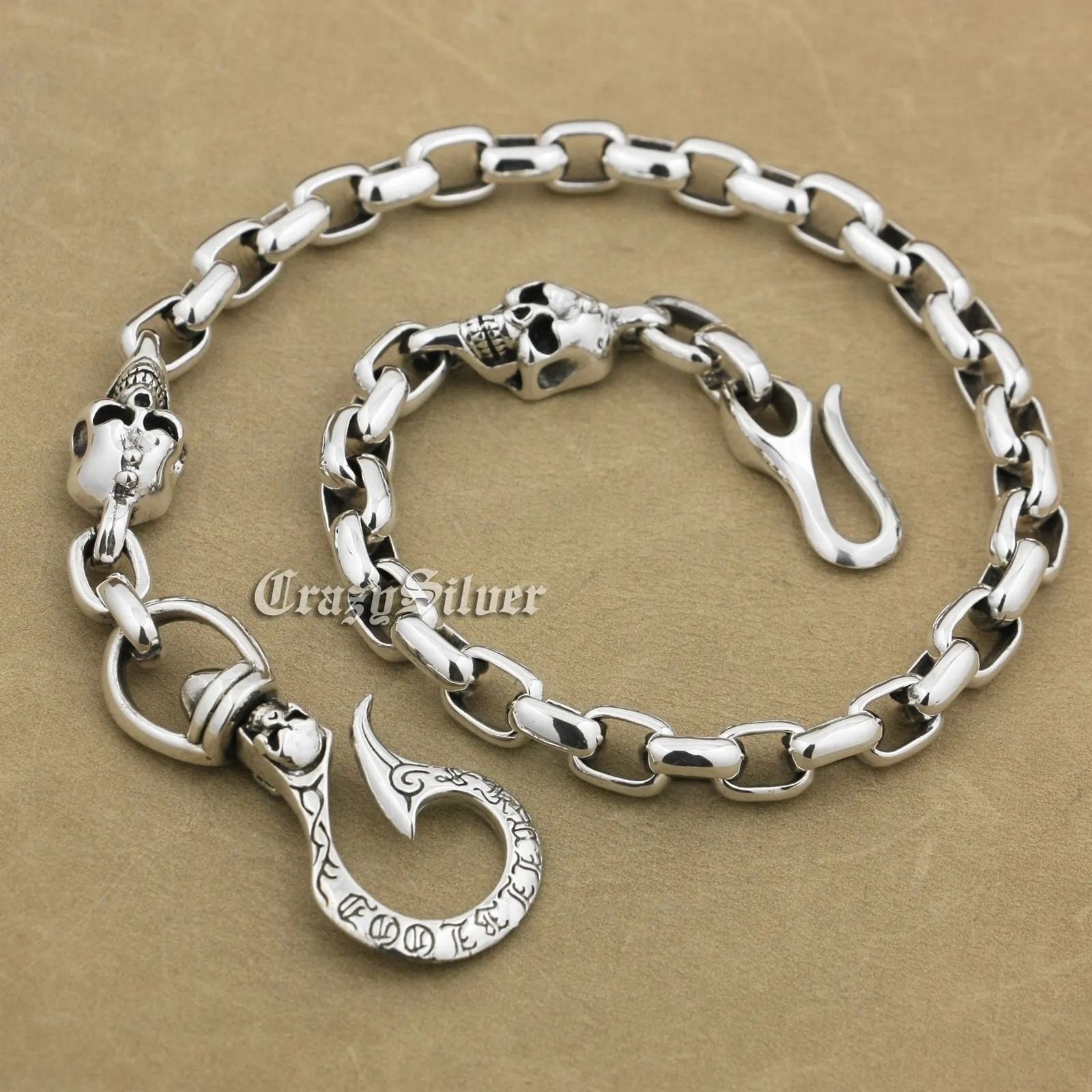 Fish Hook 925 Sterling Silver SKull KeyChain Biker Wallet Chain Punk Accessory 9N014WC