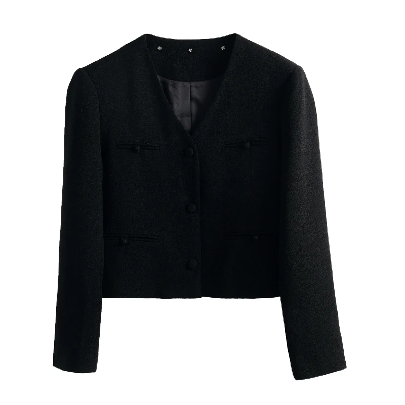 OLrain French Black Short Jacket Women's Early Autumn 2025 New Commuter V-Neck Tops Elegant Temperament Coats ladies MG56QW80266