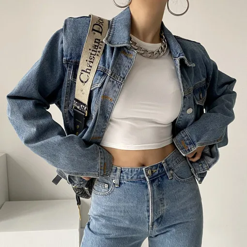 

Women's Chic Versatile Retro Faion Long Sve Single Button Loose Denim Jaet Korean Sle Commute Sle Spring Season