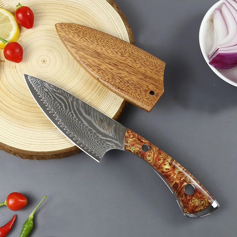 4.3 Inch Utility Knife With Wood Cover 67-Layers Damascus VG10 Steel Blade Cleaver Barbecue Paring Kitchen Knives Acrylic Handle