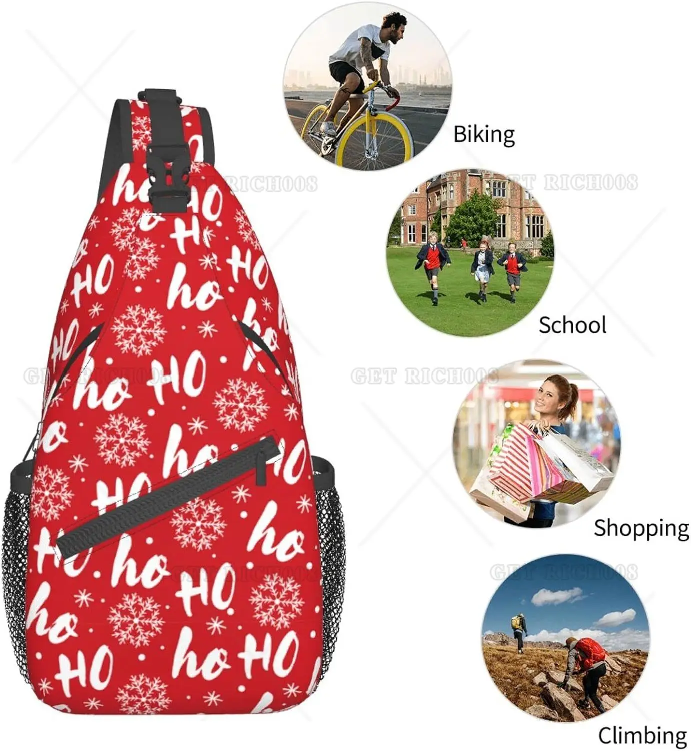 Bolsa de estilingue crossbody para homens e mulheres, sacolas vermelhas de Natal Hohohoho, mochila casual de ombro, Natal