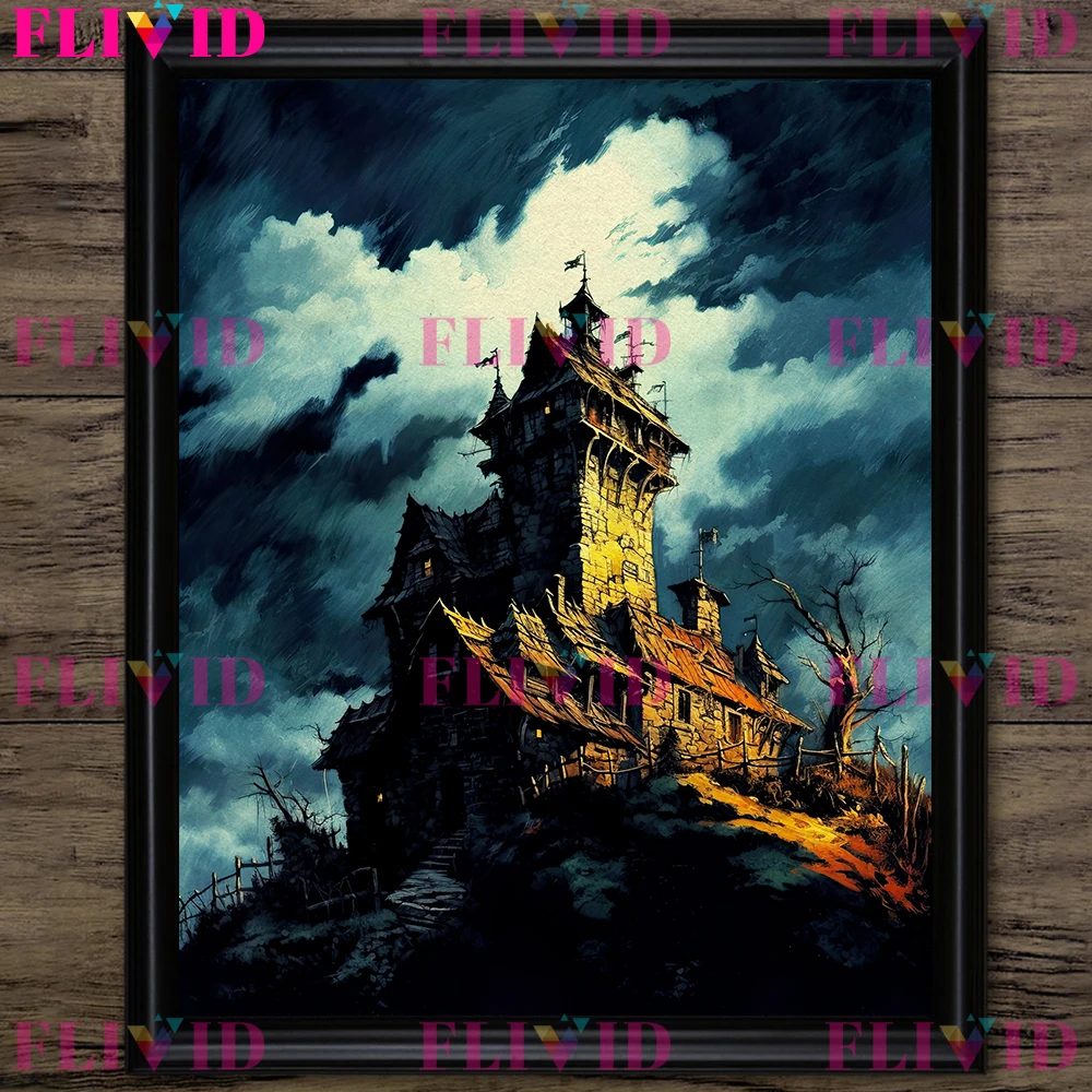 Terror Castle Under The Full Moon Vintage Wall Art Canvas Painting Creepy And Mysterious Haunted House Art Poster Print Decor