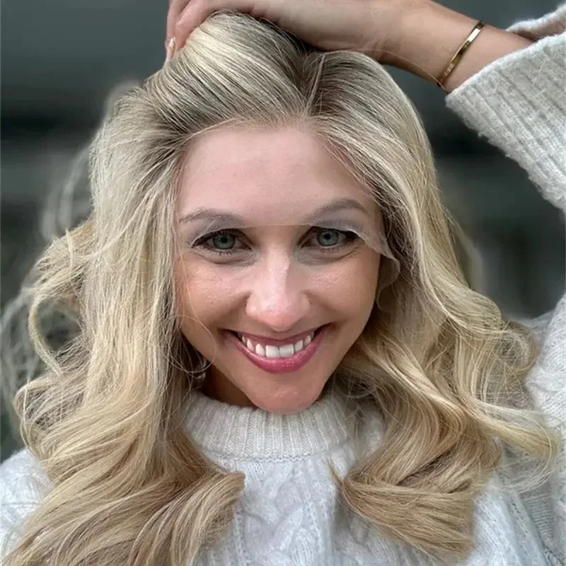 18インチ ショルダーハイライト ボディウェーブ 合成ウィッグ 女性用 オンブルライトブロンド 13x4 HD 透明レースフロントウィッグ 女の子へのギフト