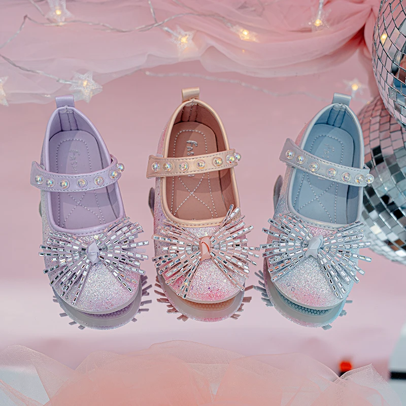Toddler Girls Princess Flat Shoes, Glitter Gradient Mary Jane Dress Sparkly Rhinestone Bow, Ballet Flats Party Wedding Birthday
