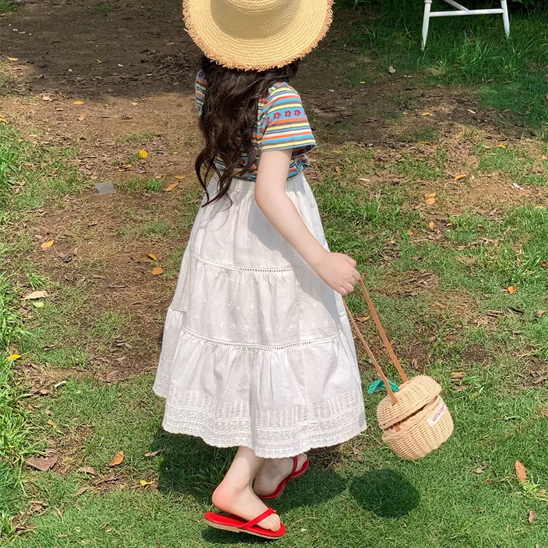 

Girls Lace Embroidered Skirt 2025 Summer New Kids Princess Dress Little Girl Baby Long Skirt
