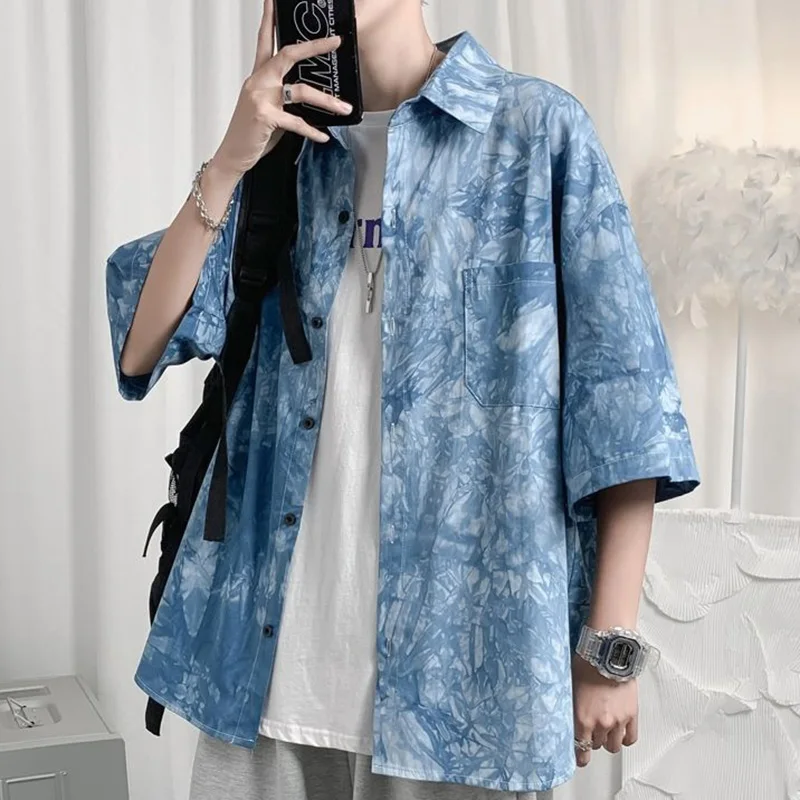 

Vintage Printed Lapel Loose Half Sleeve Casual Shirts Men's Clothing 2023 Summer New Oversized Tops All-match Shirt