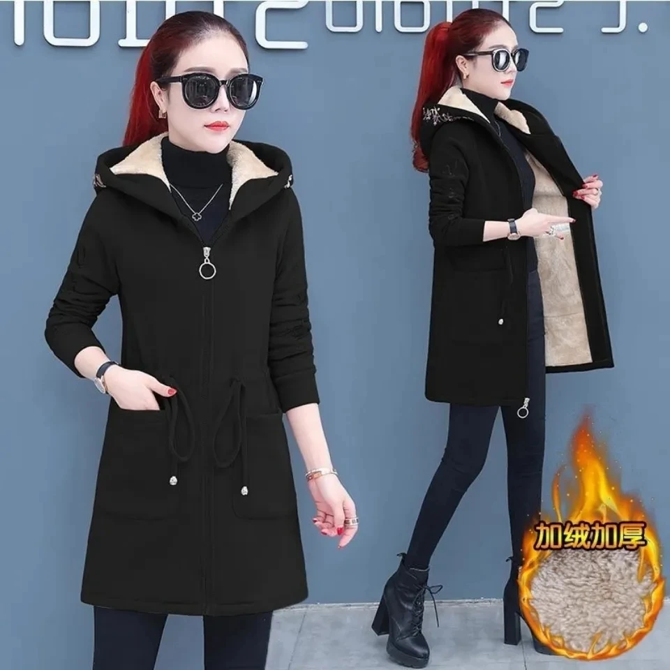 2024 New Autumn Long Fleece Jackets Women Thickened Loose Winter Hooded Jacket Embroidered Cardigan Zipper Plush Coat Outerwear