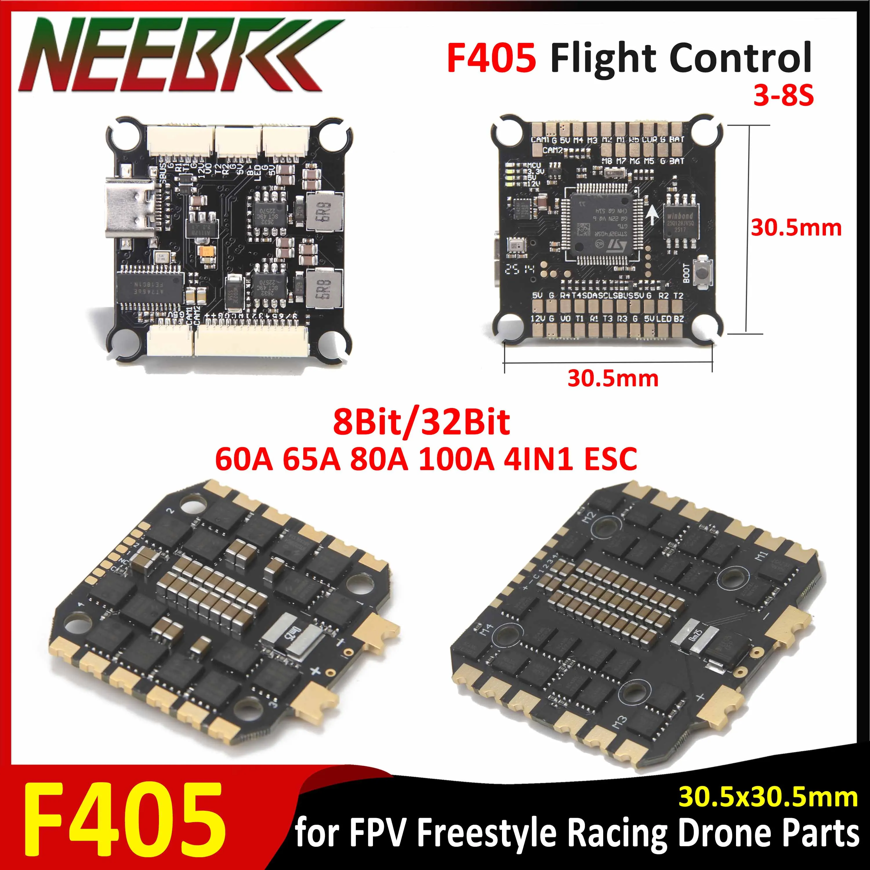 

NEEBRC F405 FC Stack F405 3-8S Flight Control 8/32Bit 60A 65A 80A 100A 4IN1 ESC 30.5x30.5mm for RC FPV Racing Drone Accessories