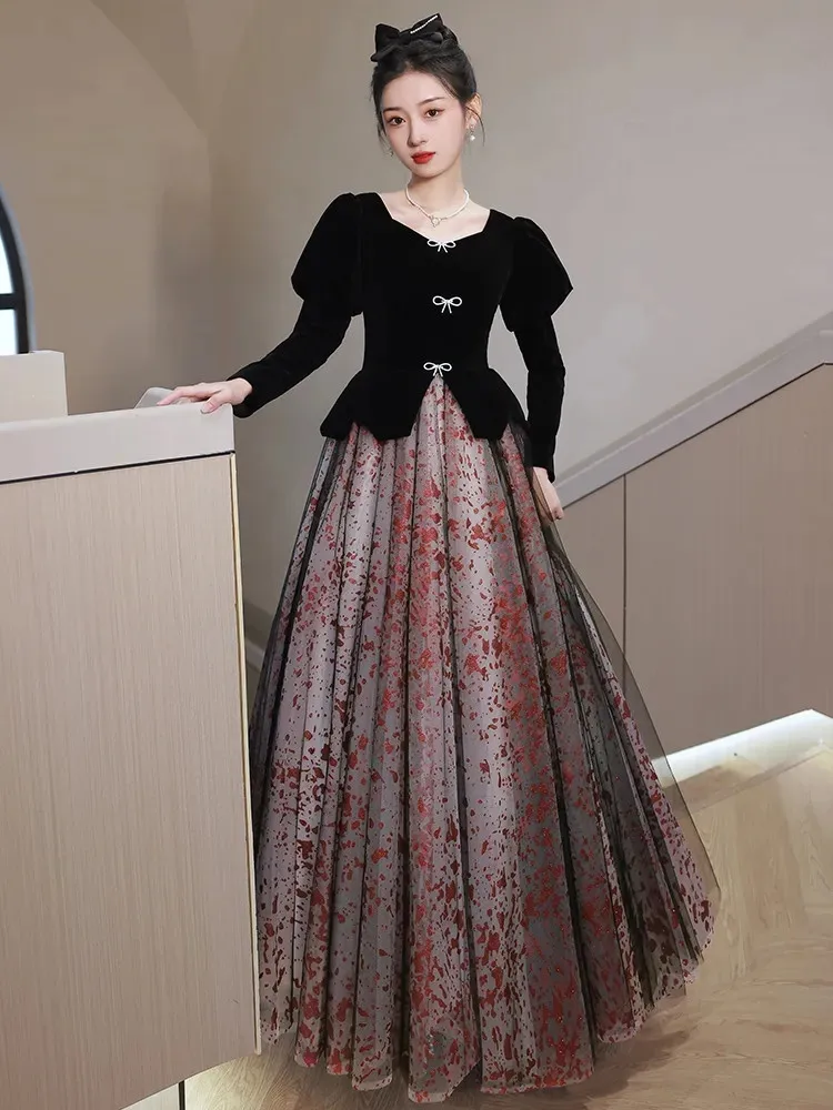 Black Dress for Women Autumn Winter New Patchwork V-neck Bow Lace Long Sleeve A-line Skirt Temperament Female Clothing M162