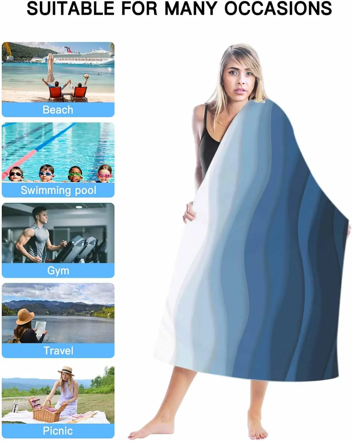 Beach Towel Blue Waves Bath Pool Towels Abstract Beach Spray Absorbent Beach Towel Soft Large Quick Dry Lightweight Camping
