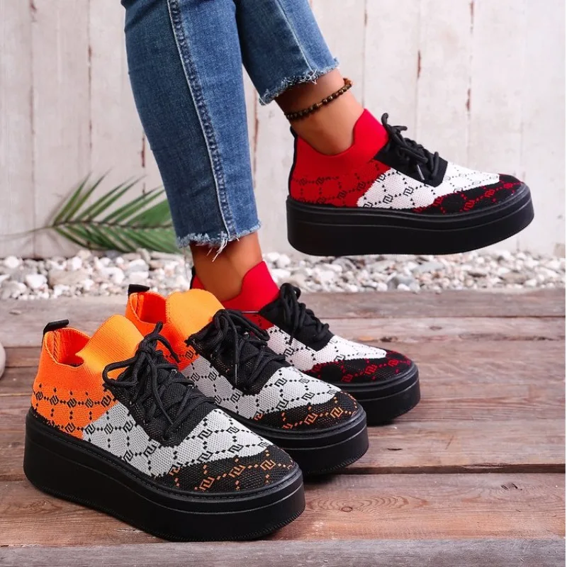 Спортивная обувь на плоской подошве, женские сетчатые вязаные дышащие удобные кроссовки на шнуровке с круглым носком, женские одинарные туфли на толстой подошве