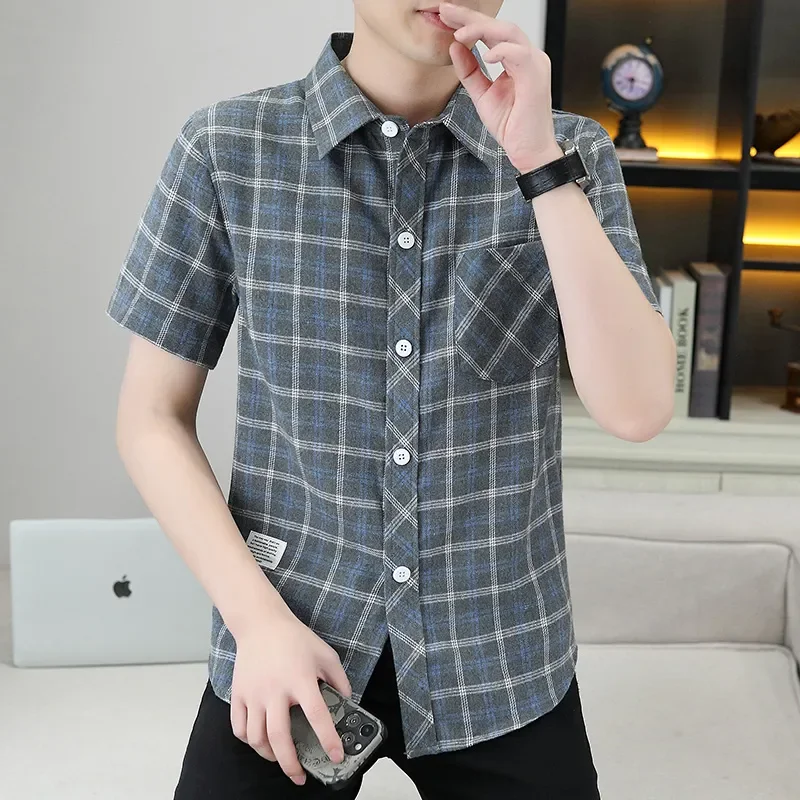 Men's Plaid Short Sleeve Shirt Casual Loose Summer Button Down Blouse