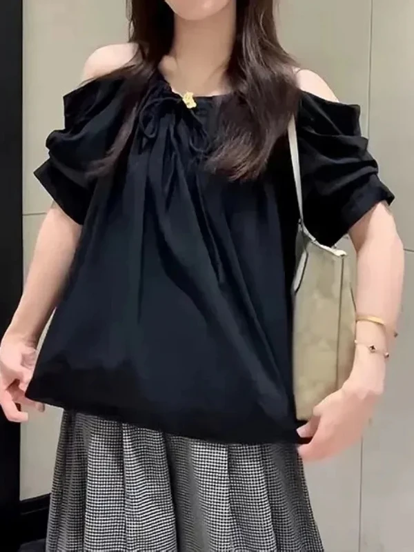 

plus Size Women's Pure Desire Design Drawstring Loose Shirt Summer New Style Trendy Top Korean Style Commute Wind Folded