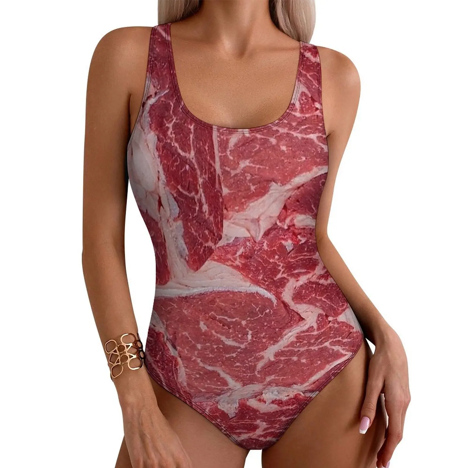 Marbled Beef Funny Print Swimsuit One-Piece Swimwear Push Up Modern Bathing Suits Sexy Holiday Rave Graphic Bodysuit