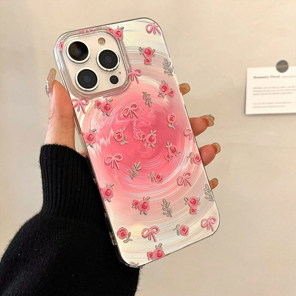 

Чехол для телефона с розовым бантом для iPhone 16 pro max 15, 14 plus 13, 12, 11, противоударный чехол с лазерным вихревым узором и бантом с цветочным принтом