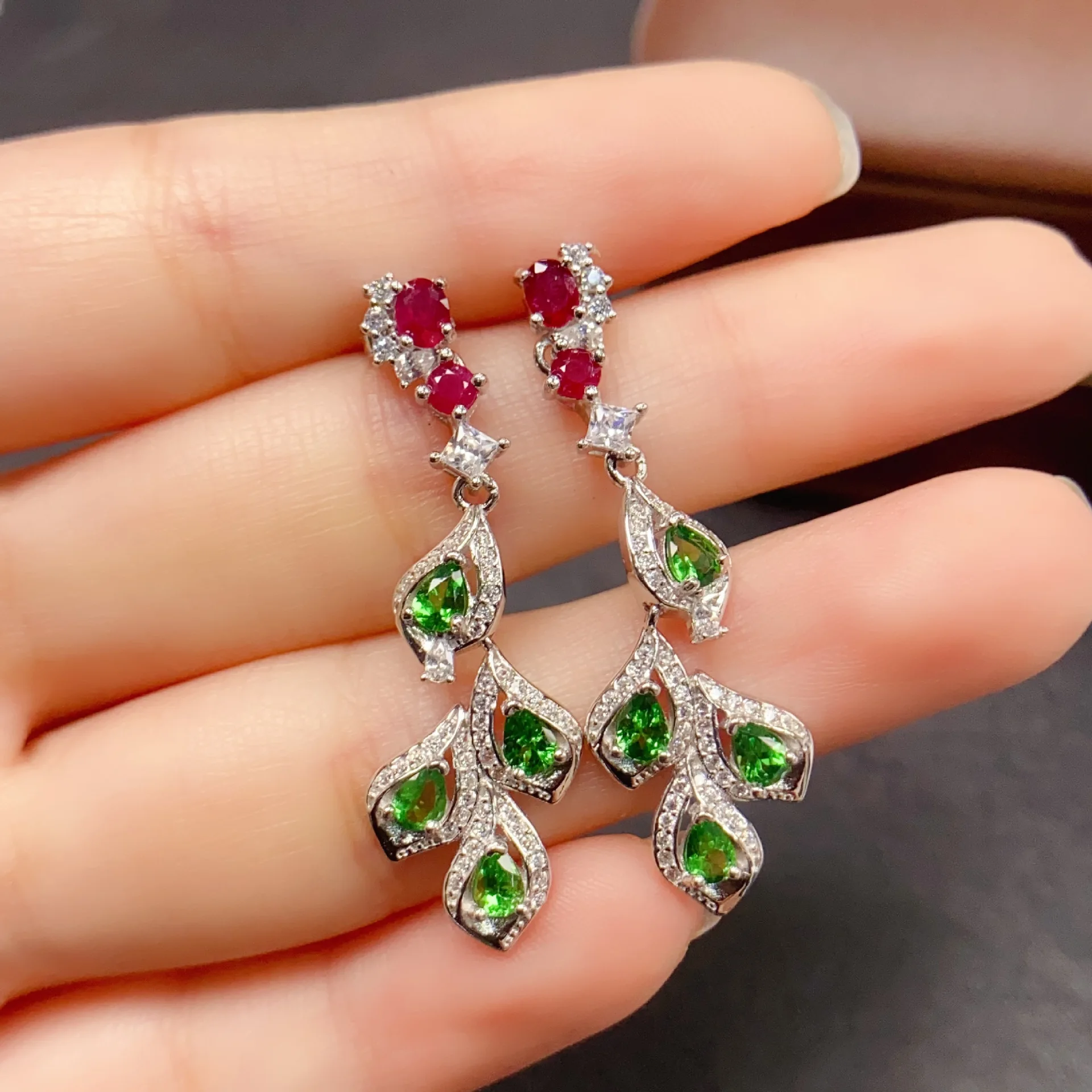Natural Tsavorite Peacock Feather Drop Earrings 3\*4mm Main Stone S925 Silver Women Luxury Ear Jewelry