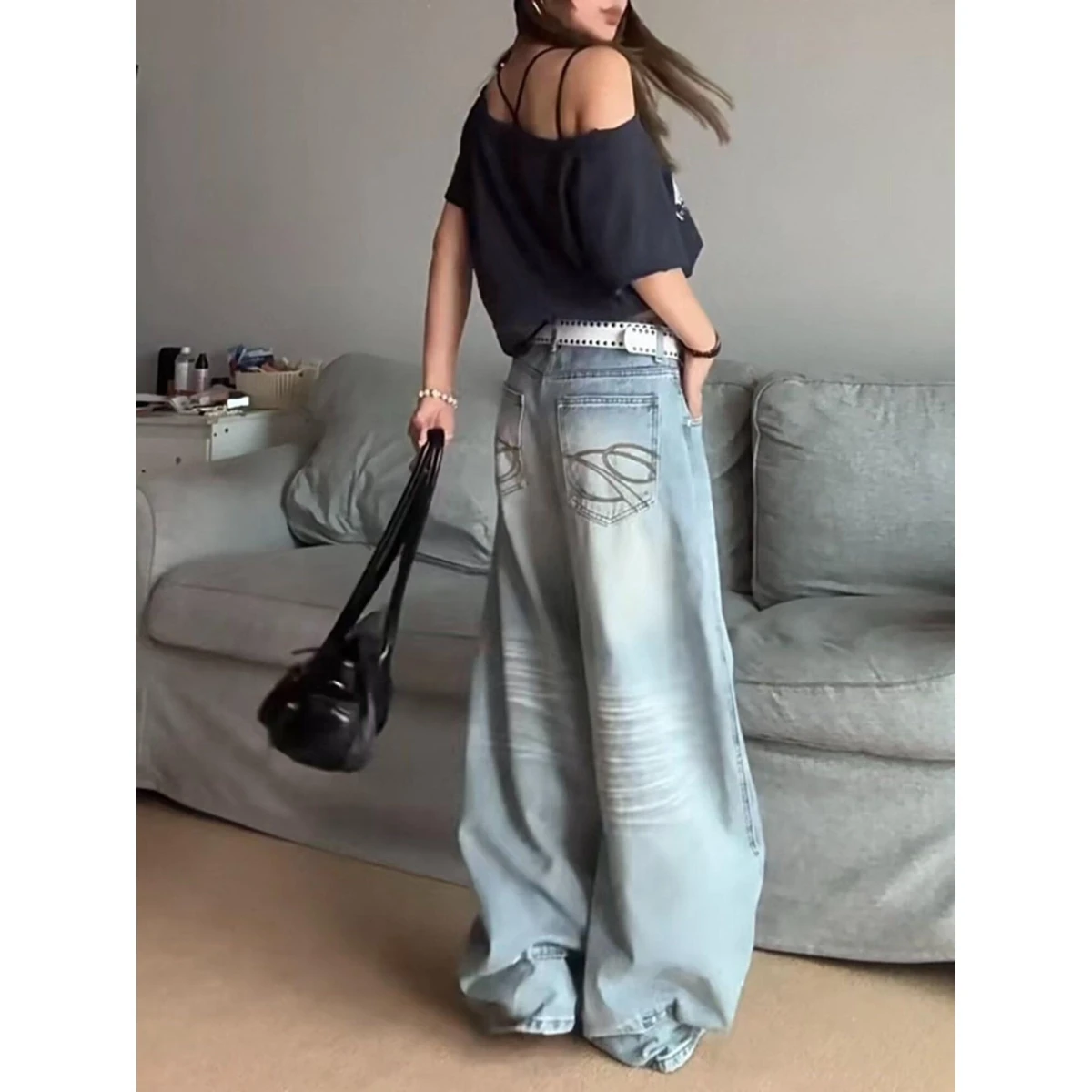 

Женские рваные джинсы с высокой талией и широкими штанинами, свободного кроя, с эффектом стройности, весна-лето, новые повседневные джинсы