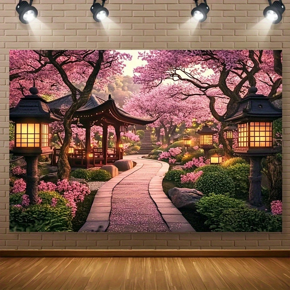 Oriental Cherry Blossom Garden Wall Tapestry Japanese Scenery Pagoda Lantern Lightweight Polyester Home Party Photo Decor